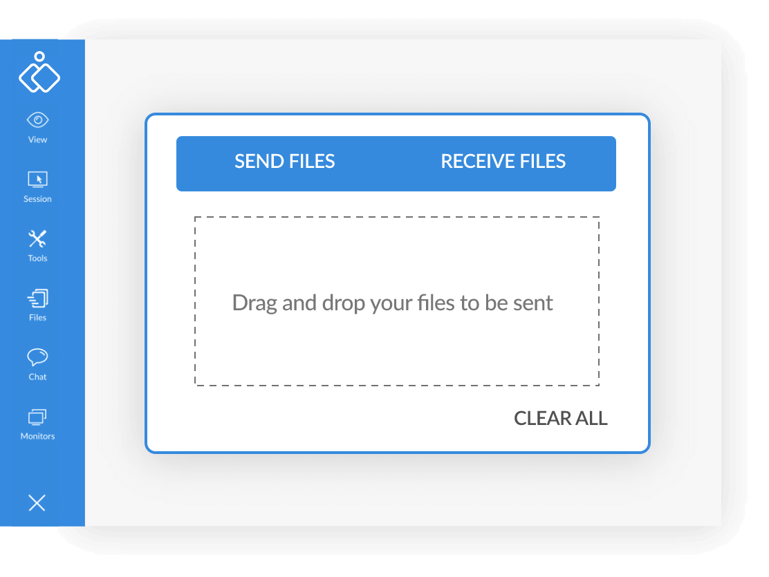 File transfer interface with send/receive options and a drag-and-drop area.