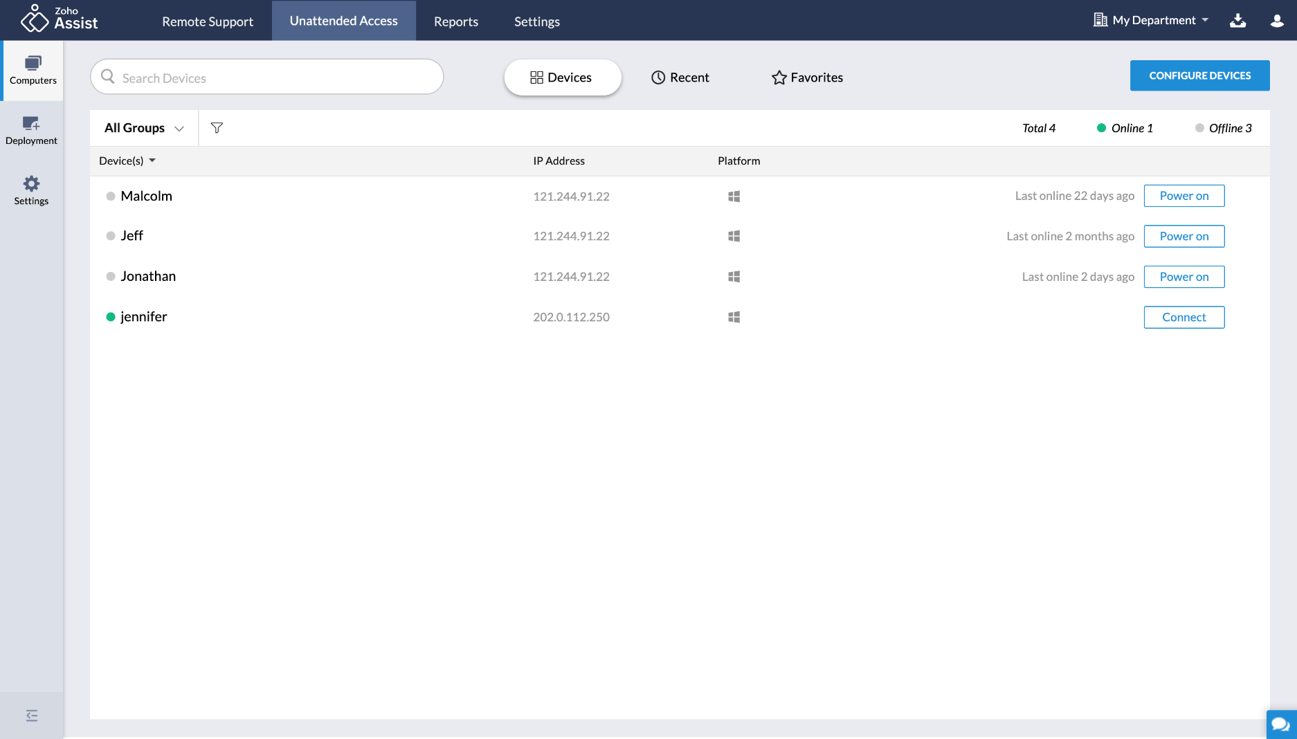 Zoho Assist Unattended Access dashboard showing remote devices and connection options.