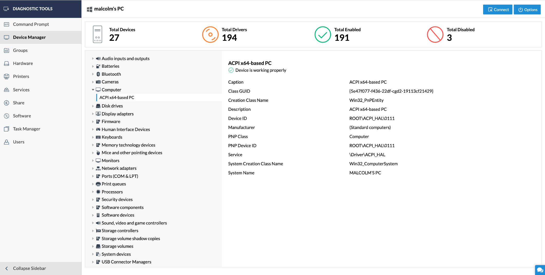 Zoho Assist Device Manager displaying Malcolm's PC hardware details and driver status.