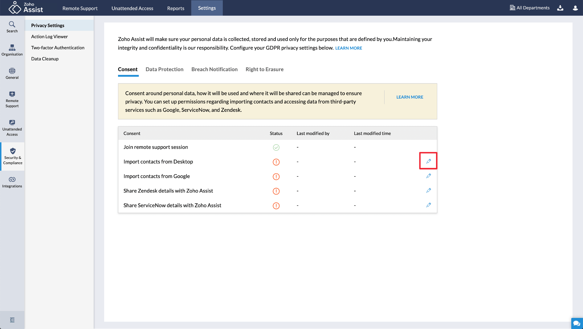 Zoho Assist Privacy Settings page displaying GDPR consent options with an edit icon highlighted.